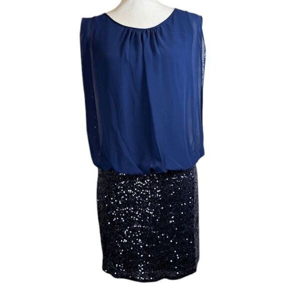 Aidan Mattox Blouson Mini Dress with Sequin Skirt Navy Blue Stretch Size 10 - Picture 2 of 15